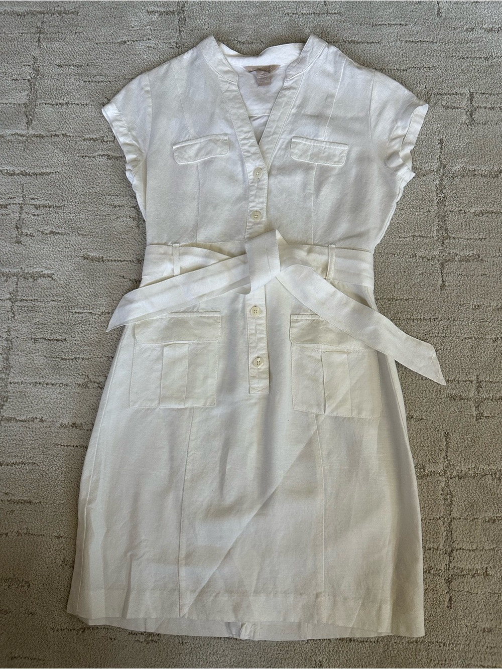 Banana Republic White Linen Short-Sleeve Shirt Dress with Waist Tie